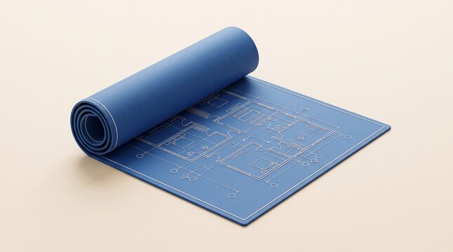 3D architectural blueprint icon with dimensional floor plan details, isolated on pastel cream background for construction, building design and real estate.
