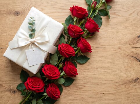 Romantic Red Rose Bouquet and Wrapped Gift Arrangement on Rustic Wooden Background