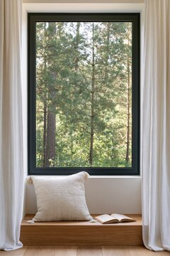 Window reading nook with a cozy cushion and open book on a wooden bench seat overlooking a lush green forest view