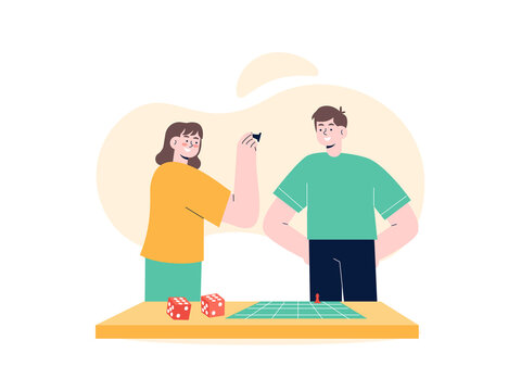 Two people playing a board game together at a table. Lucky illustrations. Flat vector concepts.