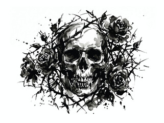 Fototapeta premium Gothic skull with thorns and roses ink illustration for tattoo design and dark art concept isolated on white background