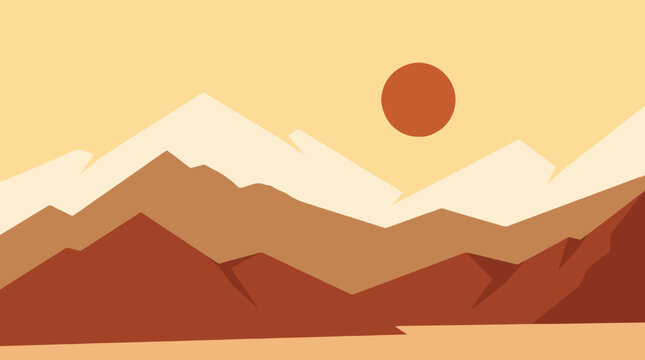 Minimalist vector landscape of geometric mountains under a warm setting sun in brown and orange tones.