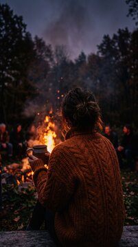 Woman from behind wearing a cozy knitted sweater holding a warm mug near a campfire for Bonfire Night and Guy Fawkes Night celebration in the UK