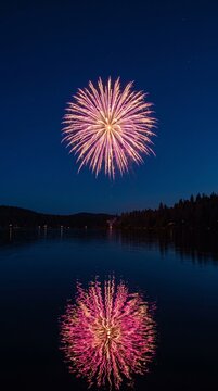 Brilliant pink firework exploding in the night sky with water reflection for Bonfire Night and Guy Fawkes Night celebration in the UK