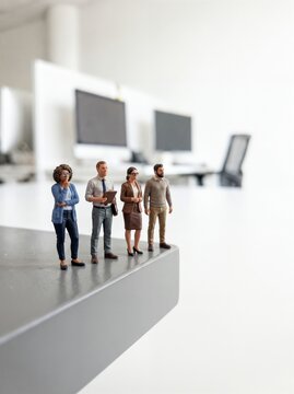 Miniature figures of a diverse business team standing on the edge of a desk in a modern corporate workspace, risk management, business strategy and corporate challenge concept