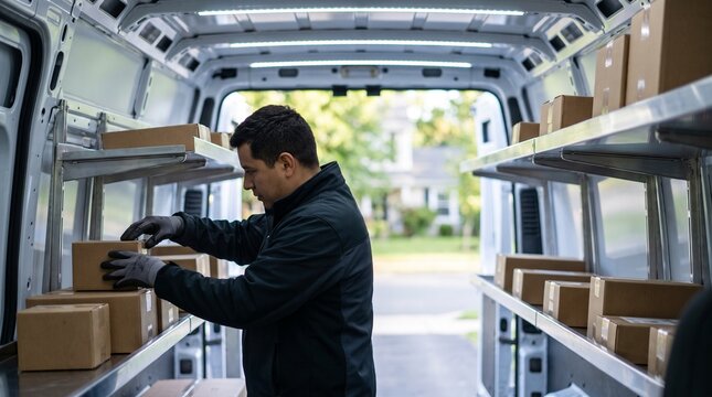 Delivery driver organizing packages inside a cargo van.