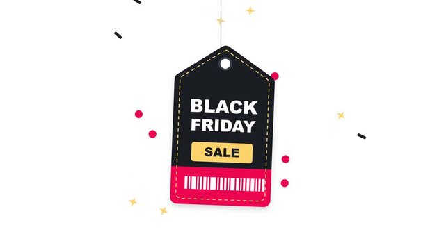 Animated hanging price tag graphic featuring seasonal retail discount promotion text with digital barcode and colorful festive confetti elements