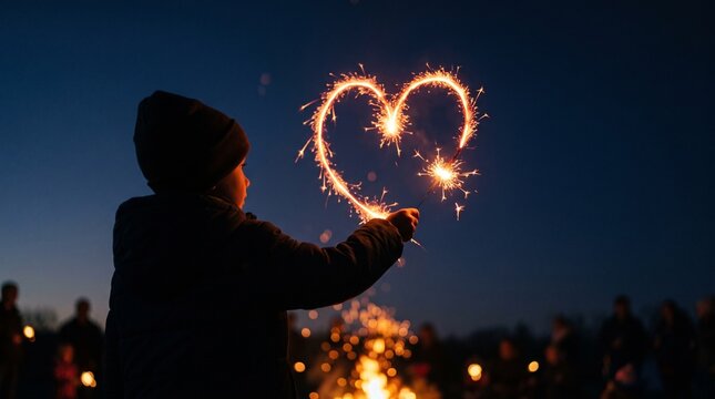 Child holding a sparkler drawing a glowing heart shape in the night sky for Bonfire Night and Guy Fawkes Night celebration in the UK