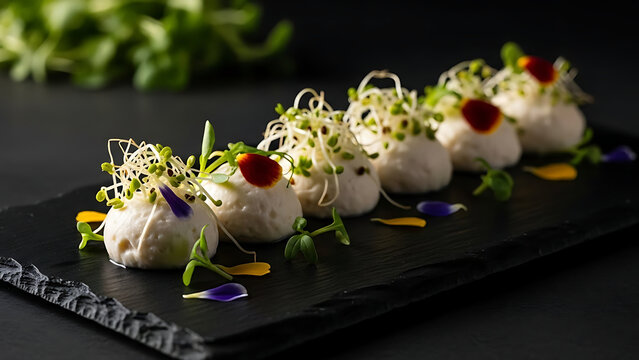 Gourmet bite sized appetizers arranged on a dark slate serve on plate with fresh sprouts herbs and colorful garnishes