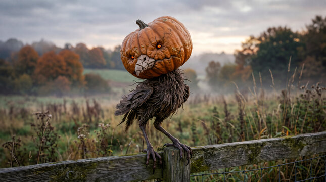 Spooky pumpkin head bird character for autumn halloween seasonal media web design and background