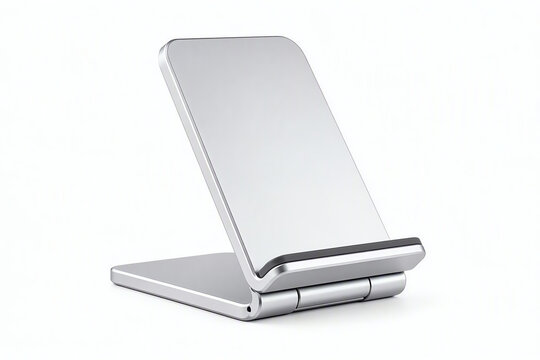 A modern silver aluminum foldable mobile phone stand isolated on a white background for desk use