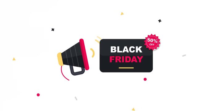 Animated Megaphone Graphic Promoting Black Friday Seasonal Shopping Sale Events With Percentage Discounts And Vibrant Minimalist Design Elements