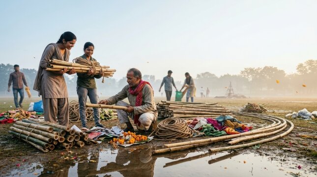 Dussehra Vijayadashami festival scene with craftsmen along riverbank and community gathering