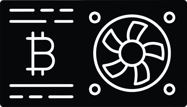Black and white line depicting a cryptocurrency mining rig card with bitcoin symbol and cooling fan