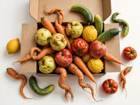 Cardboard box filled with ugly organic fruits and vegetables including twisted carrots and spotted apples against a white background
