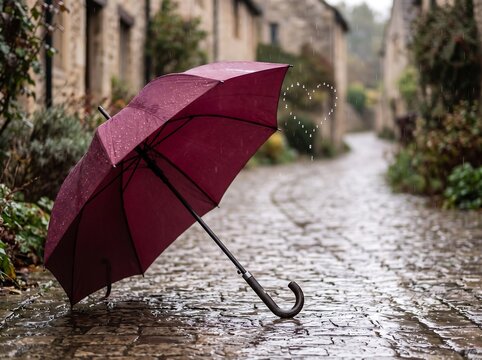 Burgundy Umbrella on Rainy Cobblestone Street with Historic Architecture and Moody Weather Atmosphere