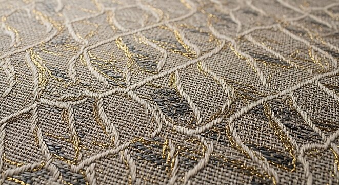 Grey and gold embroidered fabric texture with intricate geometric leaf pattern and metallic thread