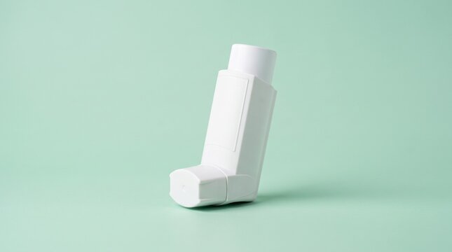 Medical asthma inhaler device lying on clean mint background for respiratory health and breathing treatment