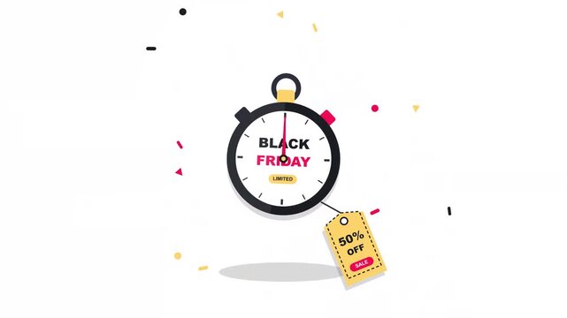 An animated digital clock countdown illustration showcasing a promotional event with a large percentage discount price tag against a clean space