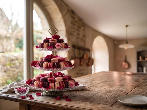 Elegant Tiered Macaron Dessert Stand with Pink French Pastries on Rustic Wooden Table in Cozy Stone Interior