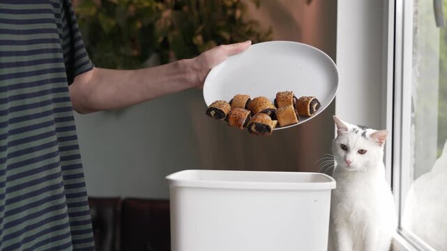 Young Man Throwing Away Dessert Food Waste Concept Wasteful Consumption Eco Issue