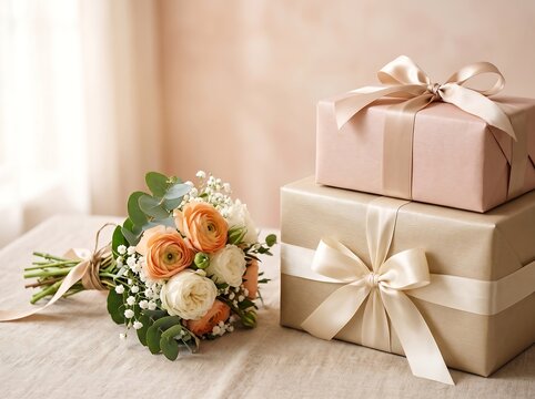 Elegant Gift Boxes with Satin Ribbons and Fresh Floral Bouquet for Wedding or Special Occasion Celebration