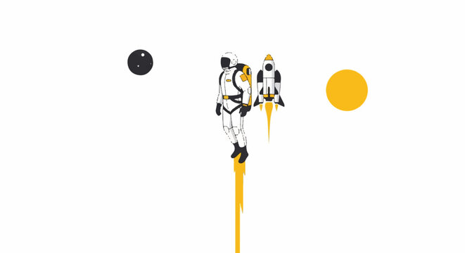 A traveler wearing a sleek white flight suit and a compact jetpack flying vertically towards a distant planet, palette of white, yellow, and dark grey, minimalist flat vector artwork, clipart