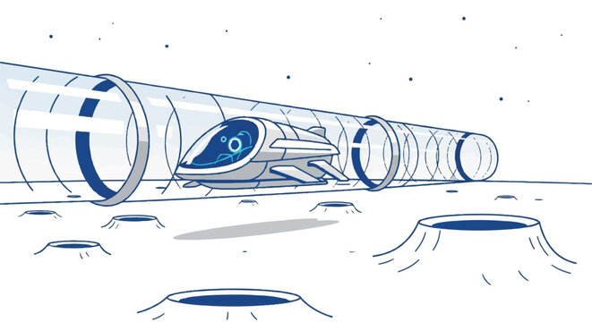A futuristic hyperloop pod traveling through a transparent vacuum tube across a minimalist lunar landscape with craters, limited palette of white, silver, and electric blue, sharp edges, clean