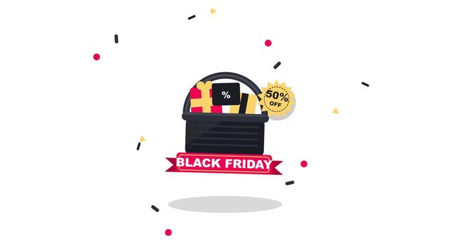 A dynamic motion graphic animation showcasing a festive shopping basket filled with seasonal sale icons for a Black Friday promotional event