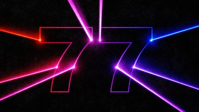 Neon laser number 77 with glowing light beams on dark background
