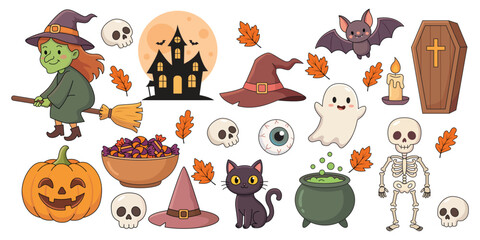 Obraz premium Large set of Halloween characters and elements vector illustration for holiday designs