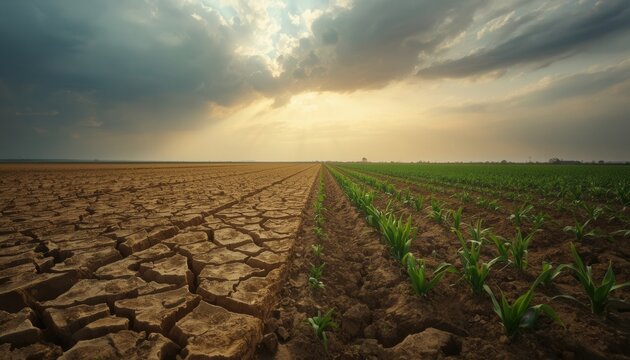 Drought vs Growth: A stark contrast between parched, cracked earth and vibrant, growing crops under a dramatic sky, symbolizing the environmental struggle between aridity and life.