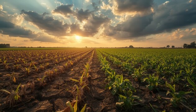 Contrast in the Fields: A split view of a field at sunset shows one side parched and dry, the other vibrant and green, illustrating nature's duality and the effects of varying conditions.