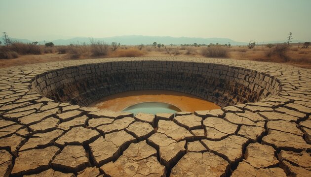 Cracked Earth, Dry Well: A deep, circular well stands amidst a parched landscape, its dry, cracked earth testament to severe drought and scarcity of water.