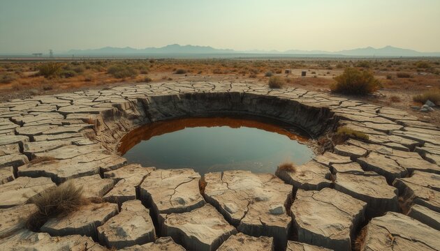 Drought's Scar: A stark image of cracked earth surrounding a small, stagnant waterhole, symbolizing the devastating effects of prolonged drought and the critical need for water conservation.