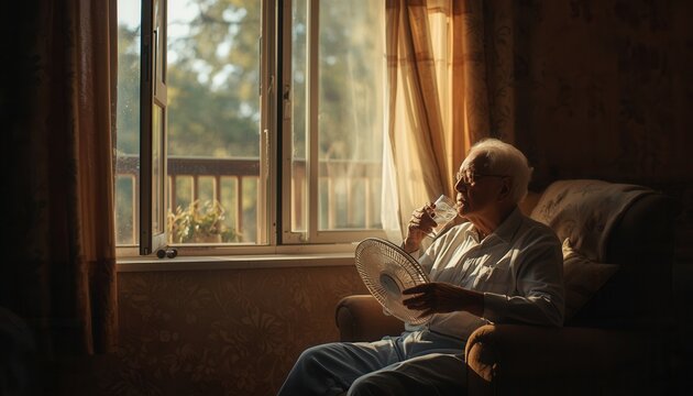 Elderly Man Cooling Off: An elderly man, seated in an armchair by a sunlit window, uses a handheld fan to find relief from the heat.