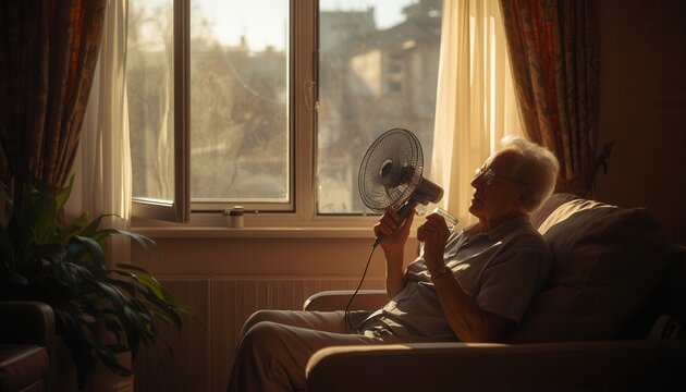Elderly Man Cooling Off with Fan: An elderly man sits by a sunlit window, trying to escape the heat by fanning himself, highlighting a common struggle with summer warmth.