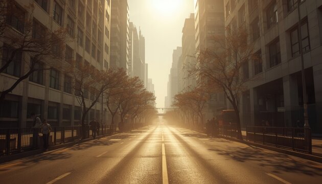 Urban Symphony at Dawn: A majestic city street bathed in the golden hues of sunrise, buildings lining the perspective road, and trees casting long shadows.
