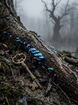 Rusty antique skeleton key near glowing blue mushrooms in misty forest