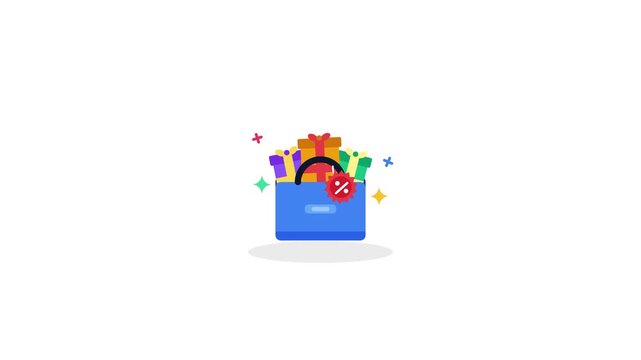 A vibrant 2D vector illustration featuring a shopping bag overflowing with colorful gift boxes representing seasonal holiday sales and retail discount promotions