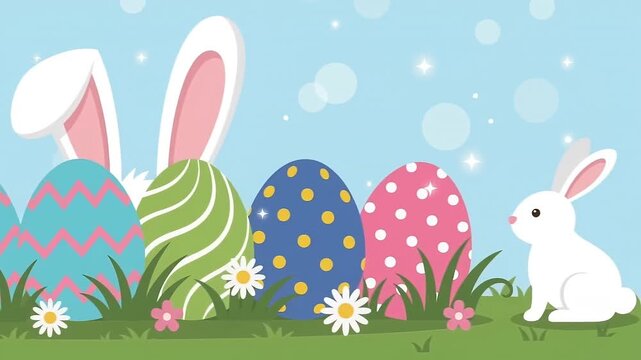 Cute Easter animation with colorful decorated eggs and a white bunny