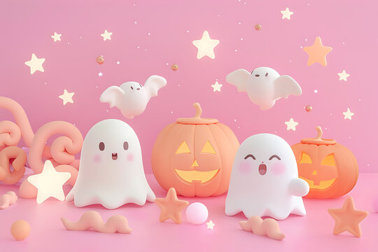 3D Kawaii Pastel Pink Halloween Ghosts and Pumpkins with Copy Space for Kids Party Invitation Background