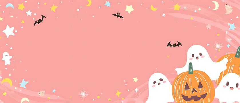 Wide Pastel Pink Kawaii Halloween Banner with Ghosts and Vast Central Copy Space for Kids E-commerce Header
