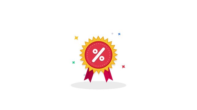 An animated red and gold discount badge icon featuring a spinning percent symbol for marketing and retail sales promotions
