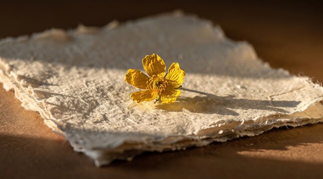 A small yellow flower resting on handmade textured white paper in warm sunlight.