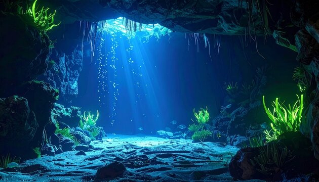 Underwater Cave with Sunbeams and Aquatic Plants