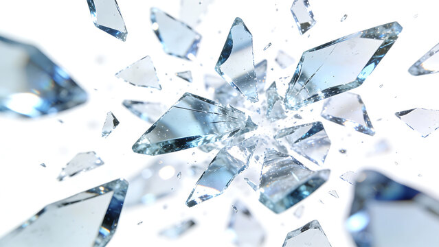 Shattered glass fragments exploding outward against a white background in slow motion
