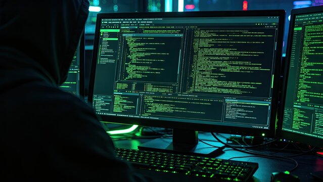 Programmer working with multiple monitors, coding source code on keyboard in dark tech workspace