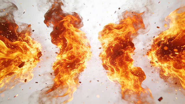 intense fire explosions with flying embers and smoke against white background