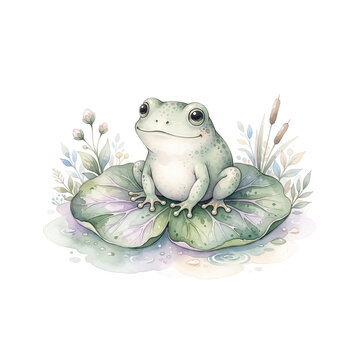 Watercolor illustration of a cute baby frog sitting on a lily pad, isolated on a pure white background, muted sage, pale lavender, warm ivory.